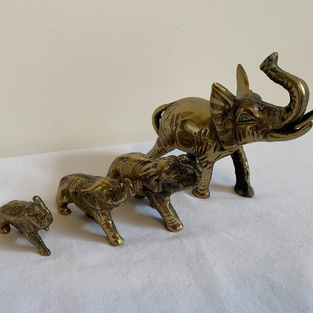 Vintage Solid Brass Elephant Family Trunk Up